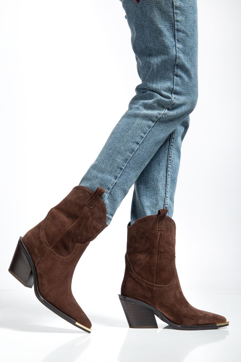 Hakiki Süet Deri 36 Numaradan 41 Numaraya Kadar Kadın Kovboy/Western Uzun Bot Kahverengi resmi