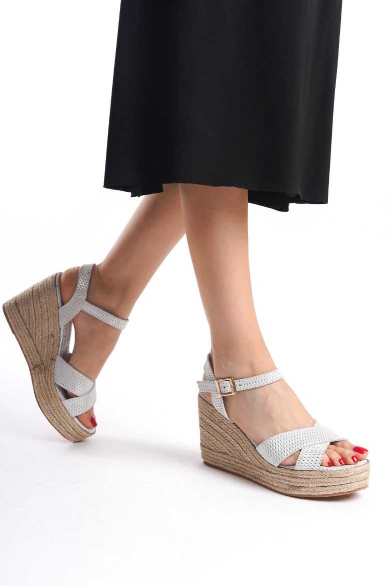 Hakiki Deri Topuklu Kadın Sandalet 33-34-35-41-42-43-44 Numara beyaz simli resmi