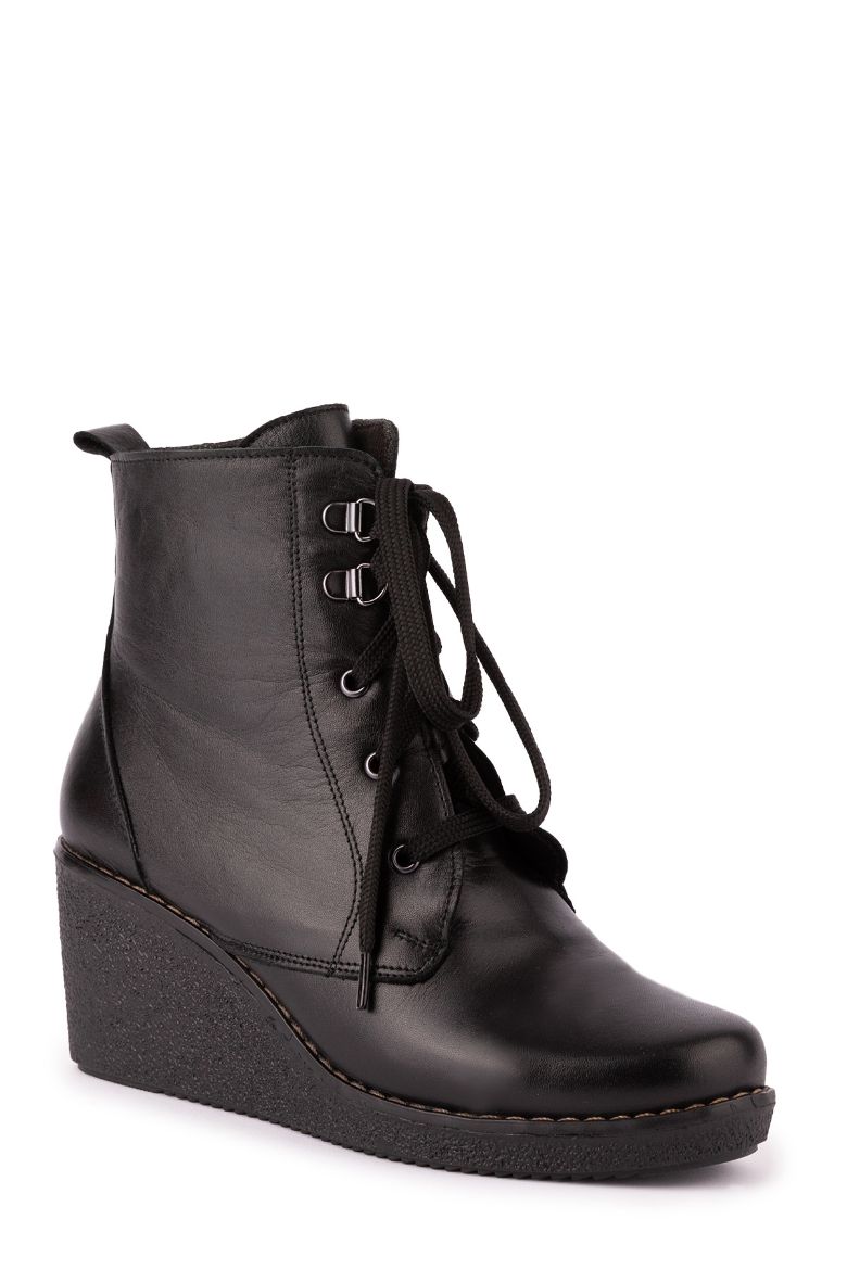 Hakiki Deri 34-35-41-42-Numara Dolgu Topuk Kışlık Kadın Bot siyah resmi