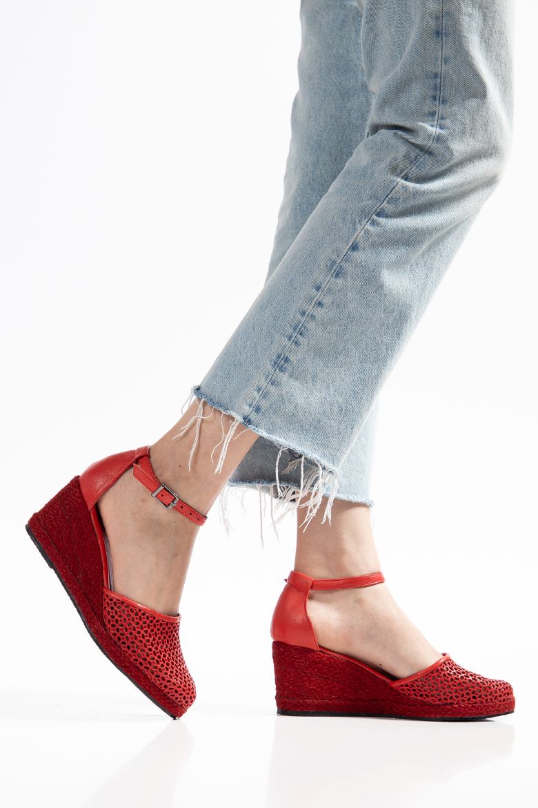 Hakiki Deri Espadril 33-34- 42-43-44-45 Numara Kadın Sandalet Kırmızı resmi